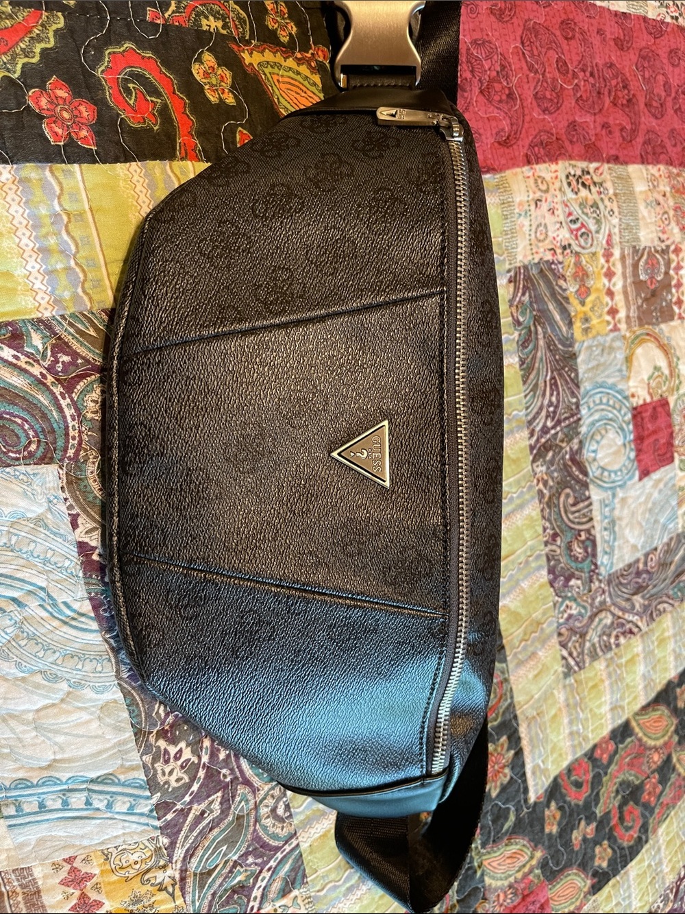 Guess Black Textured Belt Bag with Logo Triangle